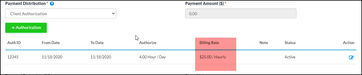 User will be able to see the billing rates under the authorization grid