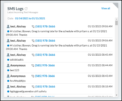 Now SMS Logs widget will show all Incoming SMS on Dashboard