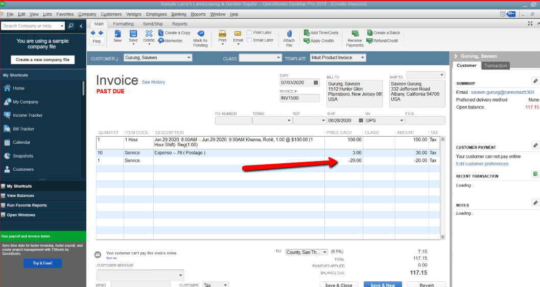 quickbooks as a Credit on Invoice 
